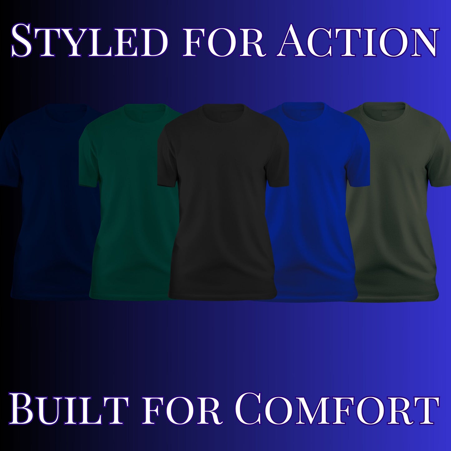 a set of four shirts with the words built for comfort