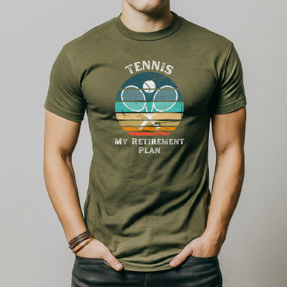 a man wearing a tennis racket t - shirt