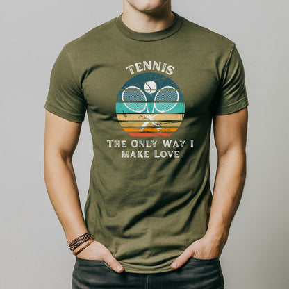 a man wearing a tennis racket t - shirt