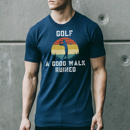 a man in a blue golf t - shirt is holding a tennis racket