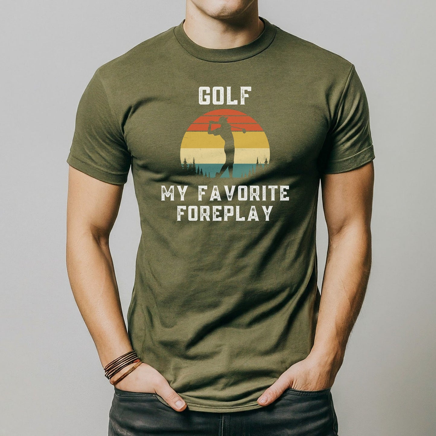 a man wearing a golf shirt with the words golf my favorite foreplay on it