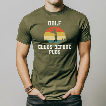 a man wearing a golf club before pub t - shirt
