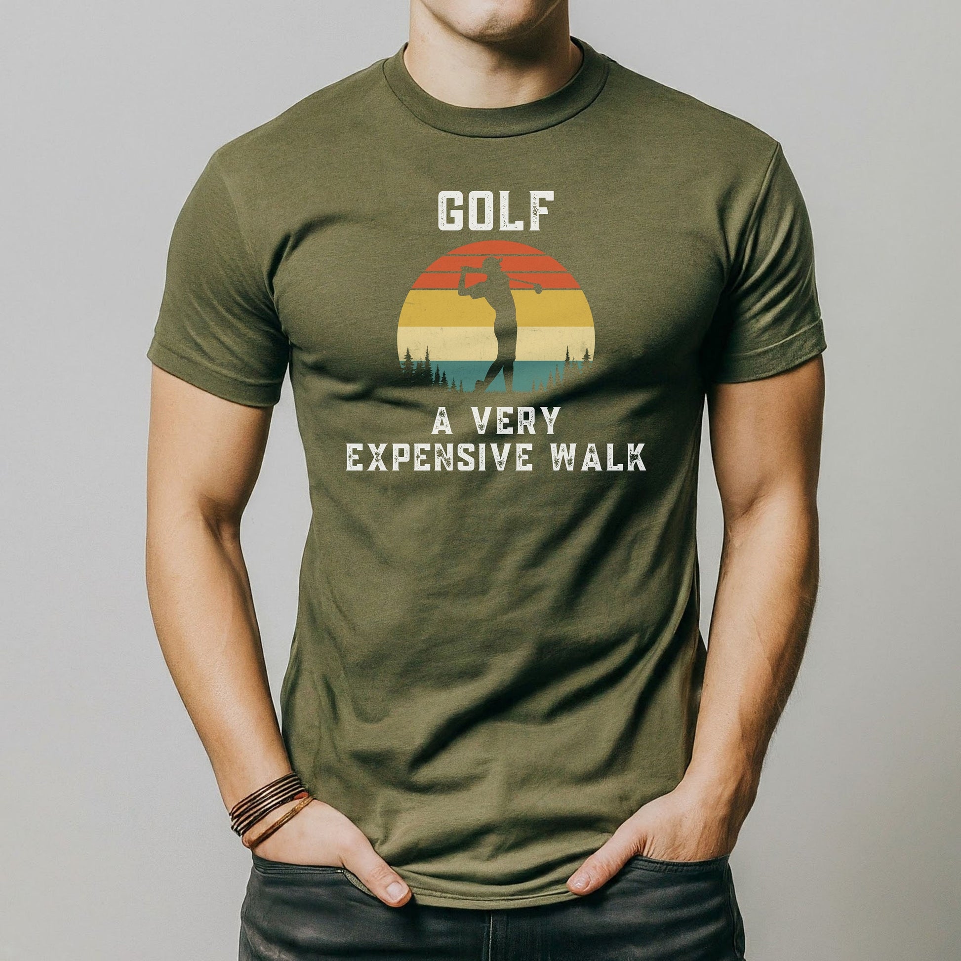 a man wearing a green golf t - shirt