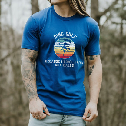 a man with long hair wearing a blue disc golf t - shirt