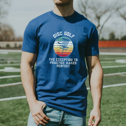 a man wearing a blue disc golf t - shirt