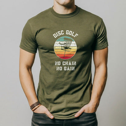a man wearing a disc golf tee shirt