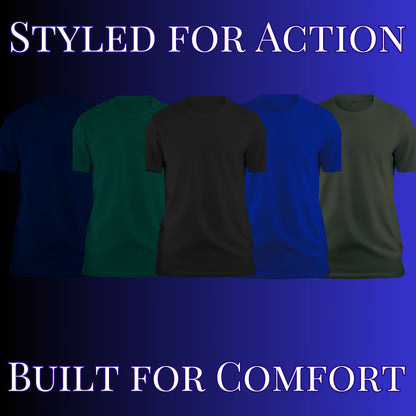 a set of four shirts with the words built for comfort