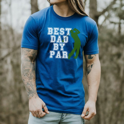 a man with long hair wearing a blue shirt with the words best dad by par
