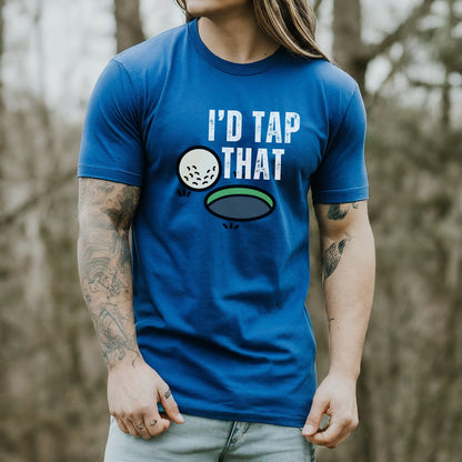a man with long hair wearing a blue t - shirt that says i'd