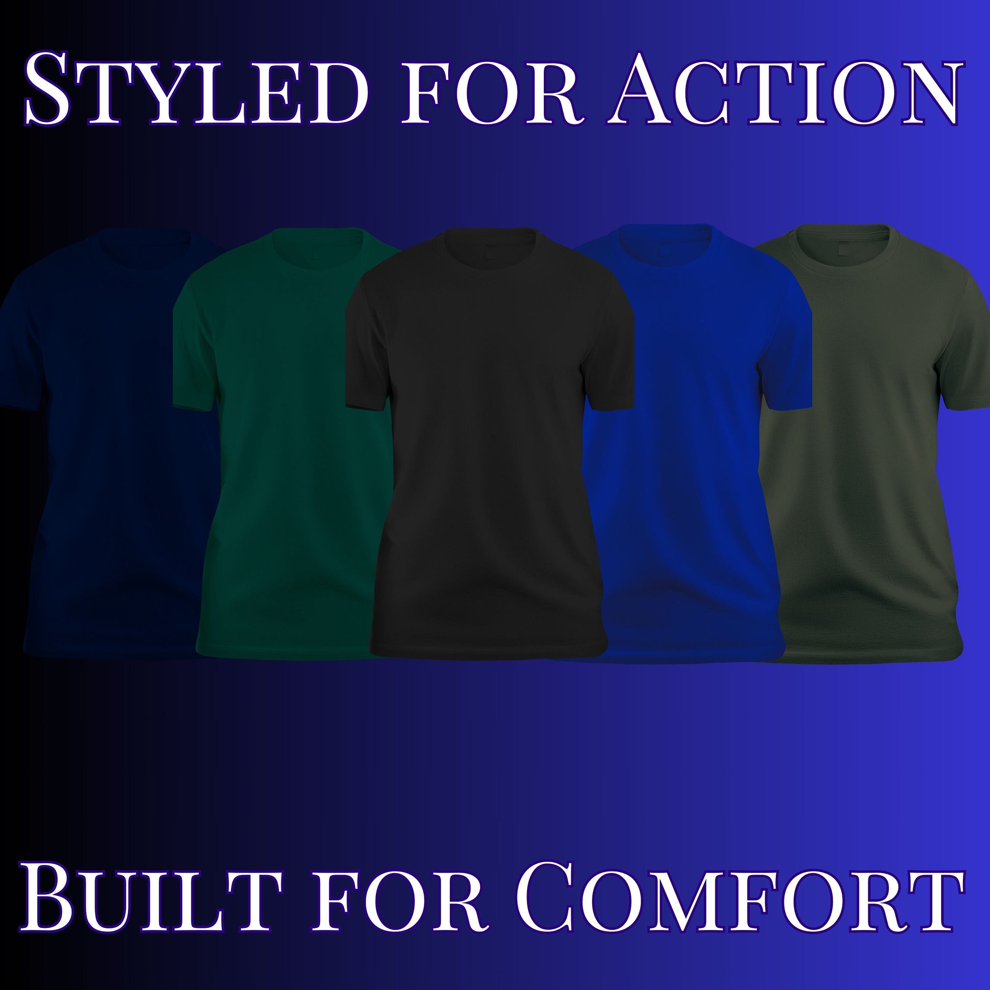 a set of four shirts with the words built for comfort