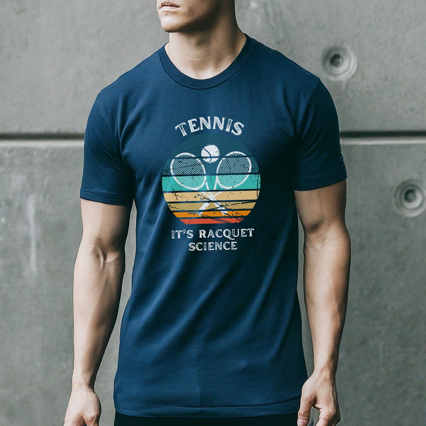 a man wearing a tennis racket t - shirt