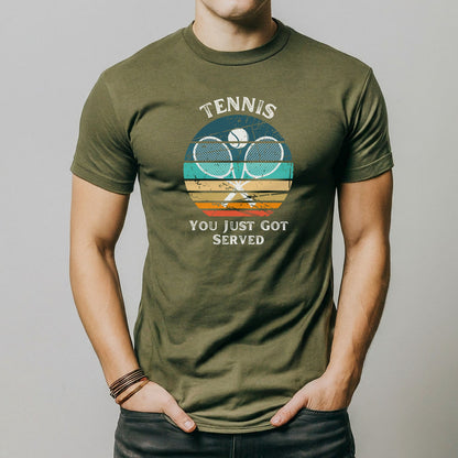 a man wearing a tennis racket t - shirt