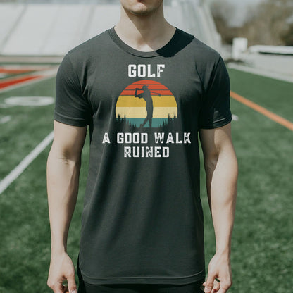 a man standing on a field wearing a golf shirt