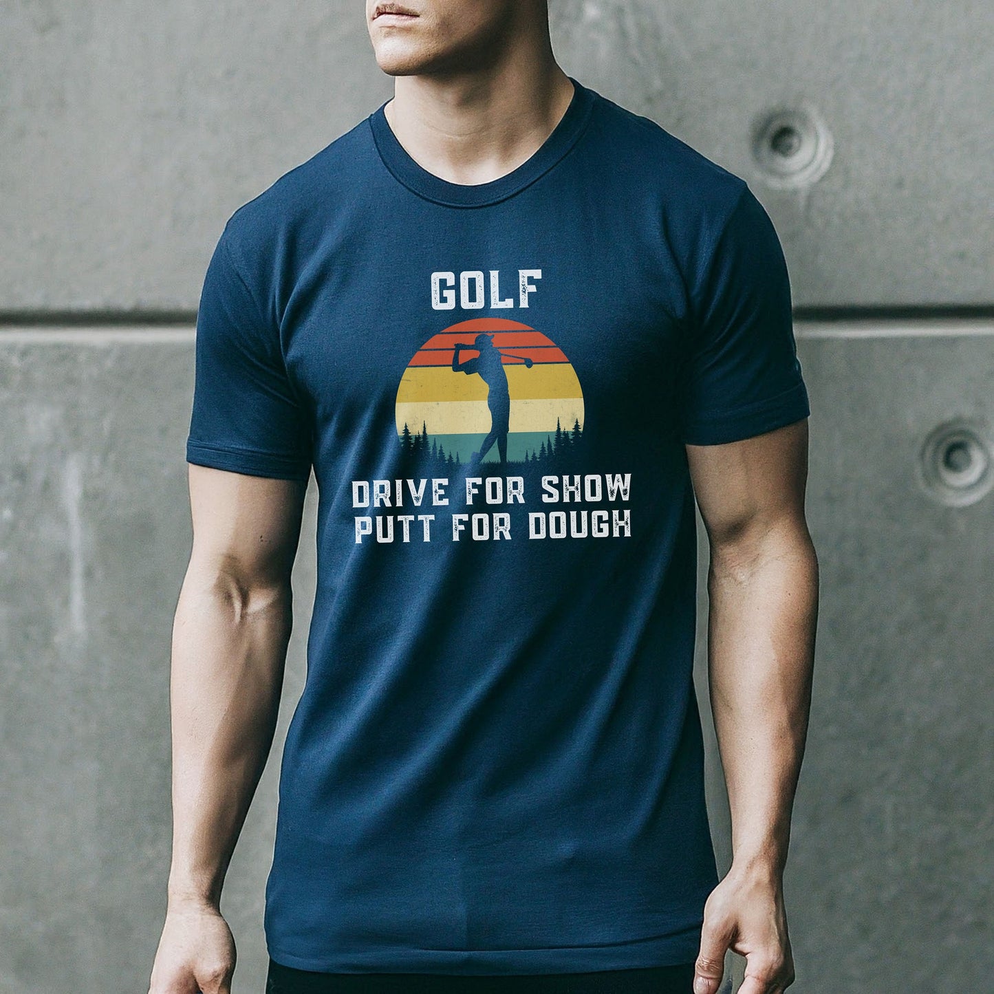 a man wearing a blue golf t - shirt with the words drive for snow put