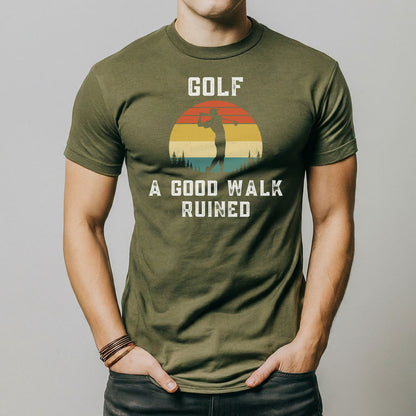 a man wearing a golf a good walk ruined t - shirt