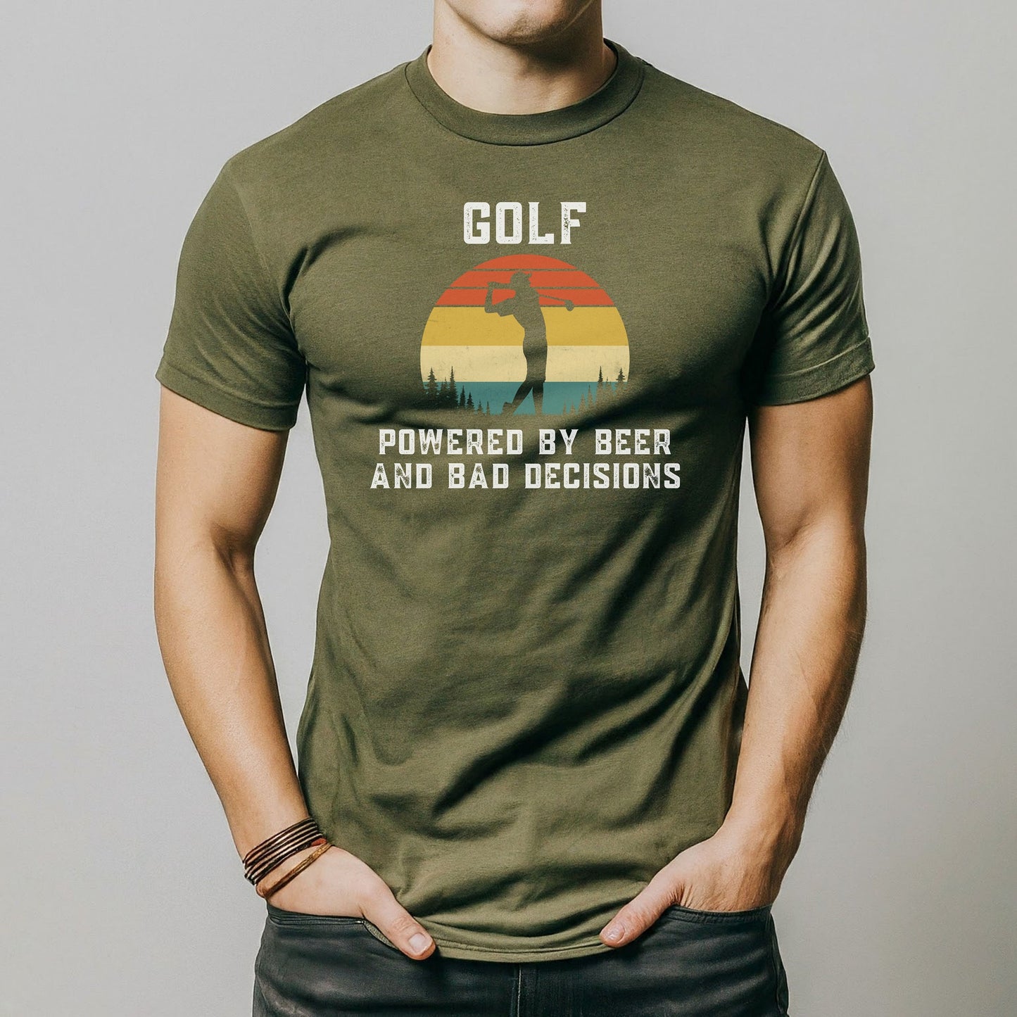 a man wearing a golf powered by beer and bad decision t - shirt