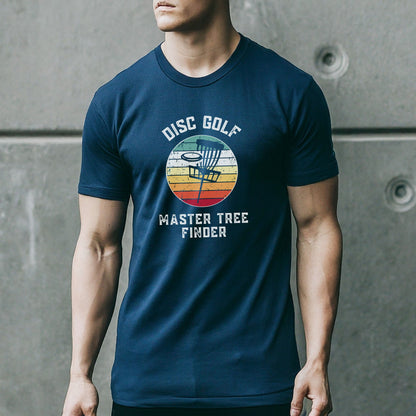 a man wearing a disc golf master tree finder t - shirt