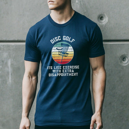 a man wearing a disc golf t - shirt