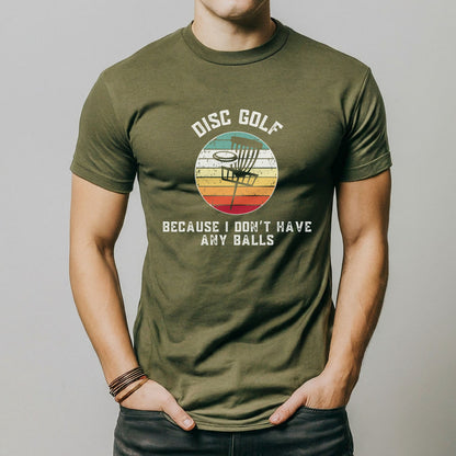 a man is wearing a disc golf t - shirt