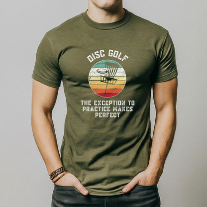 a man wearing a green disc golf t - shirt