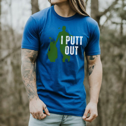 a man with long hair wearing a blue shirt that says i put out