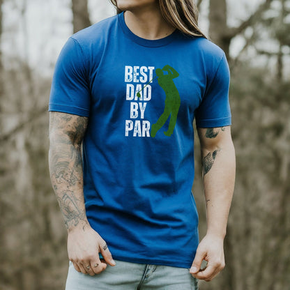 a man with long hair wearing a blue shirt with the words best dad by par