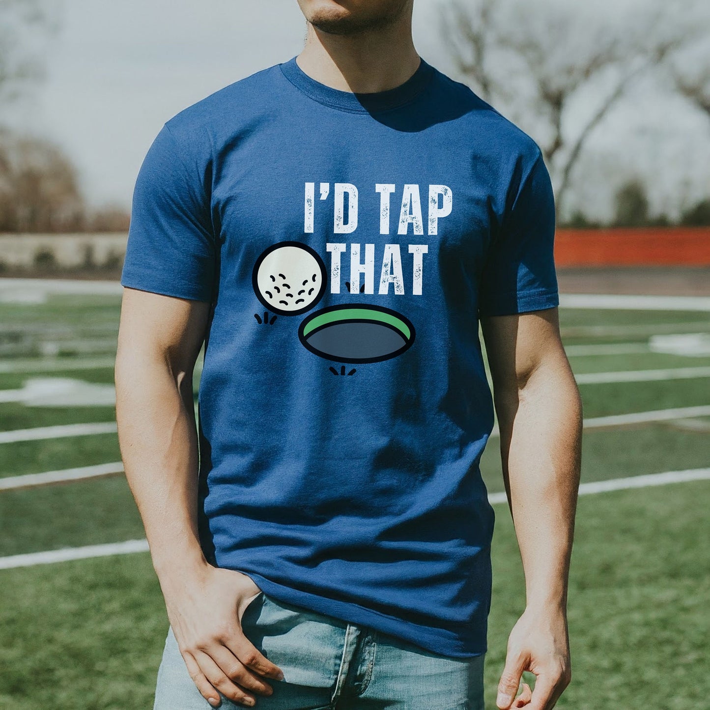 a man wearing a t - shirt that says i'd tap that