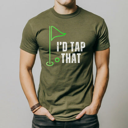 a man wearing a t - shirt that says i'd tap that