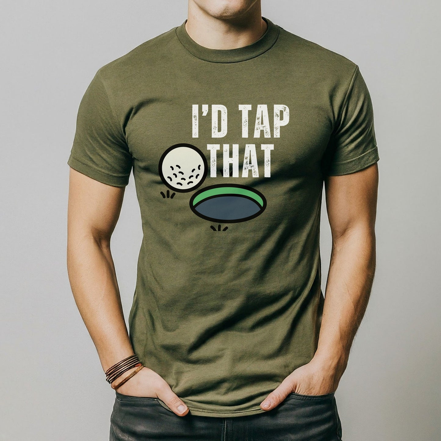 a man wearing a t - shirt that says i'd tap that