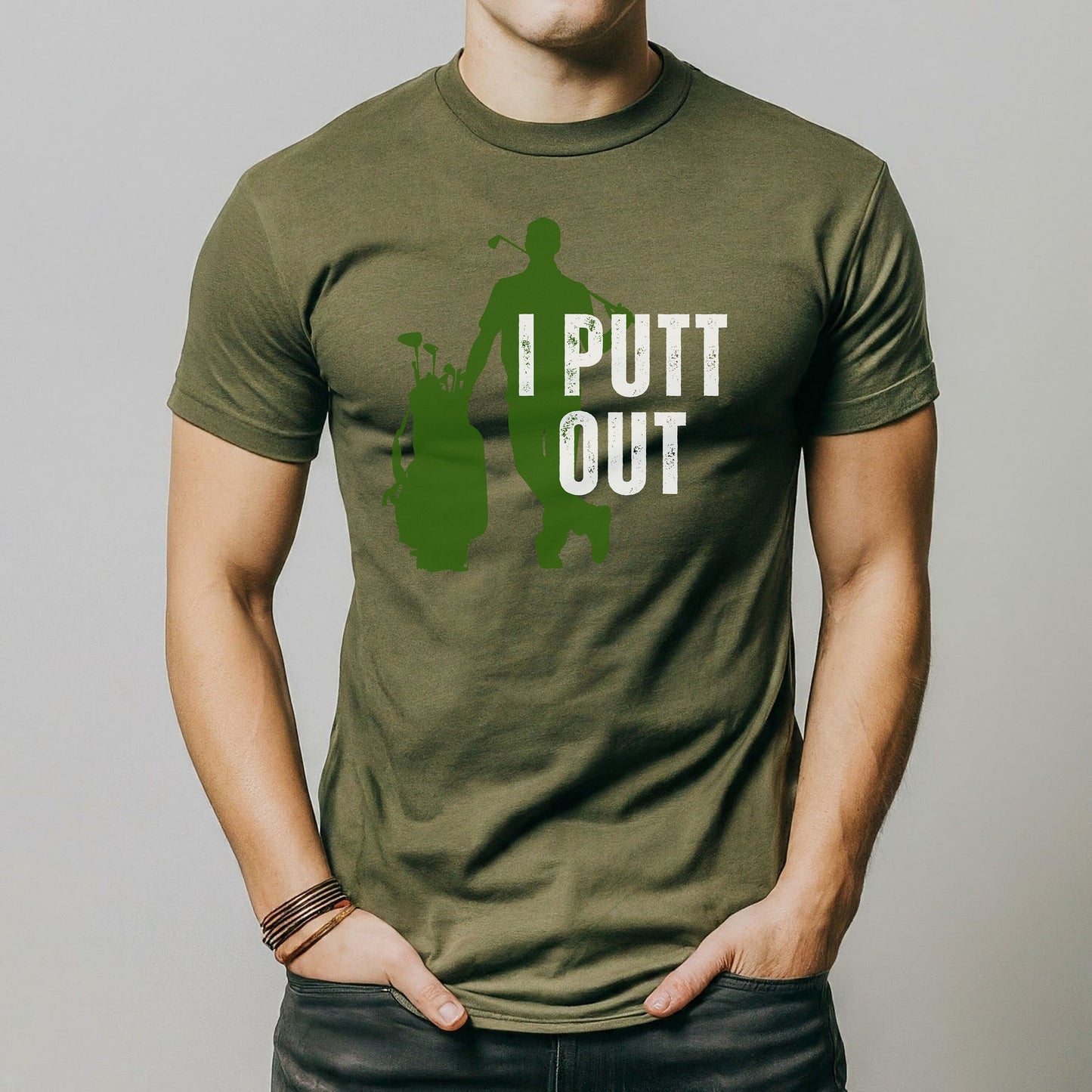 a man wearing a t - shirt that says i putt out