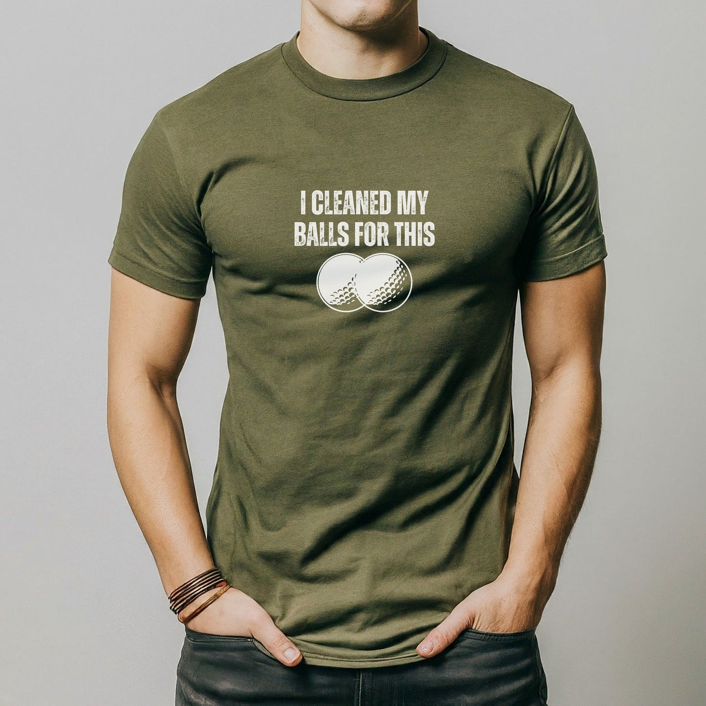 a man wearing a t - shirt that says i cleaned my balls for this