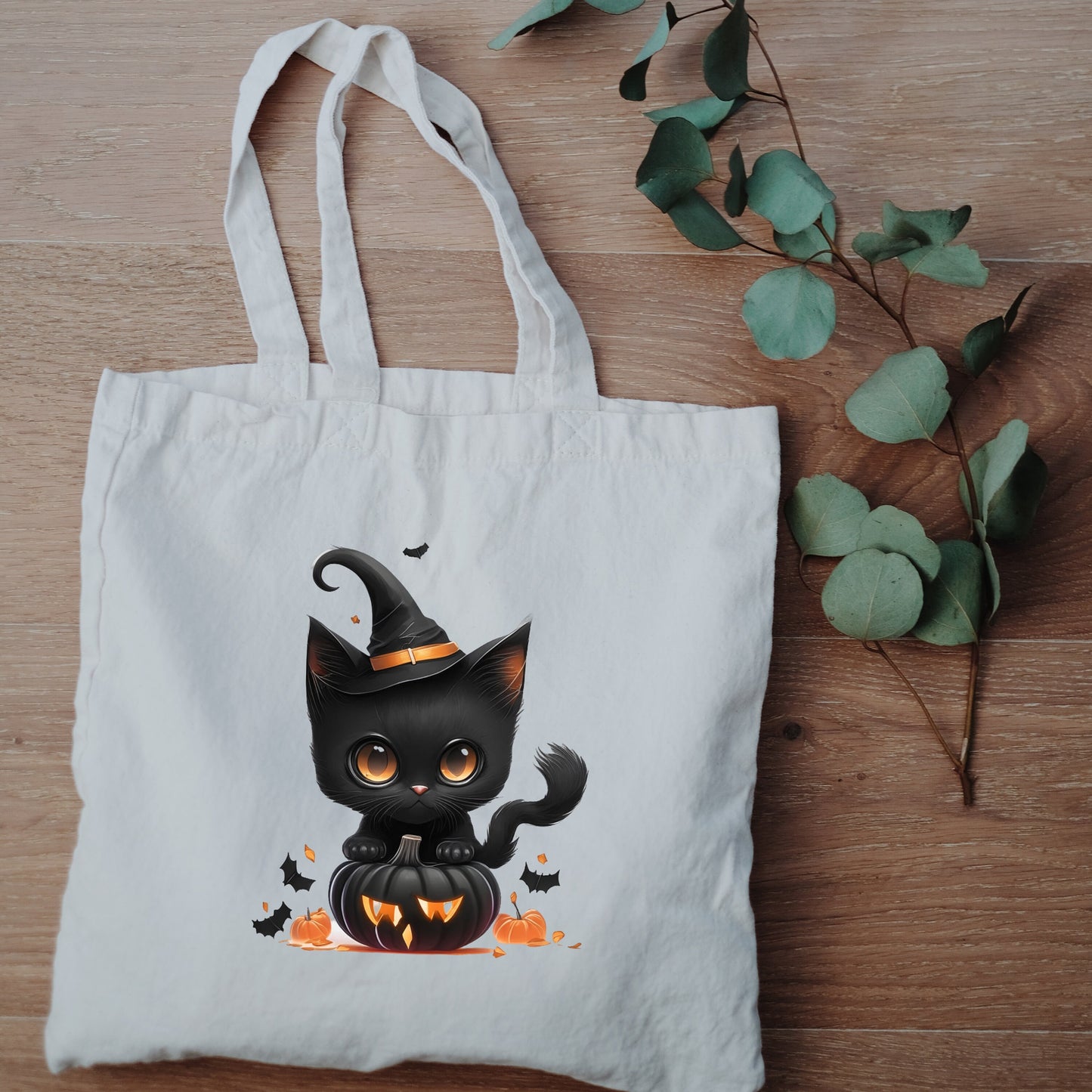 Trick or Treat Bag, Cute Black Cat Canvas Tote Bag, Halloween Candy bag, Halloween Treat Bag, Spooky Season Bag, Spooky Tote Bag, Gothic bag