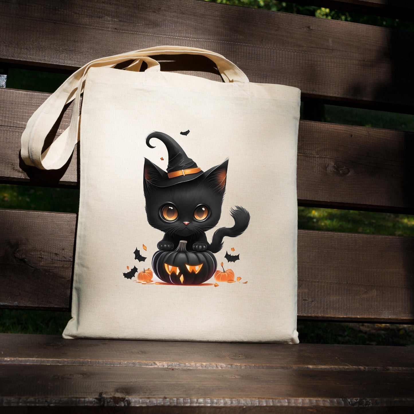 Trick or Treat Bag, Cute Black Cat Canvas Tote Bag, Halloween Candy bag, Halloween Treat Bag, Spooky Season Bag, Spooky Tote Bag, Gothic bag