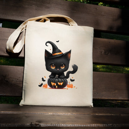 Trick or Treat Bag, Cute Black Cat Canvas Tote Bag, Halloween Candy bag, Halloween Treat Bag, Spooky Season Bag, Spooky Tote Bag, Gothic bag