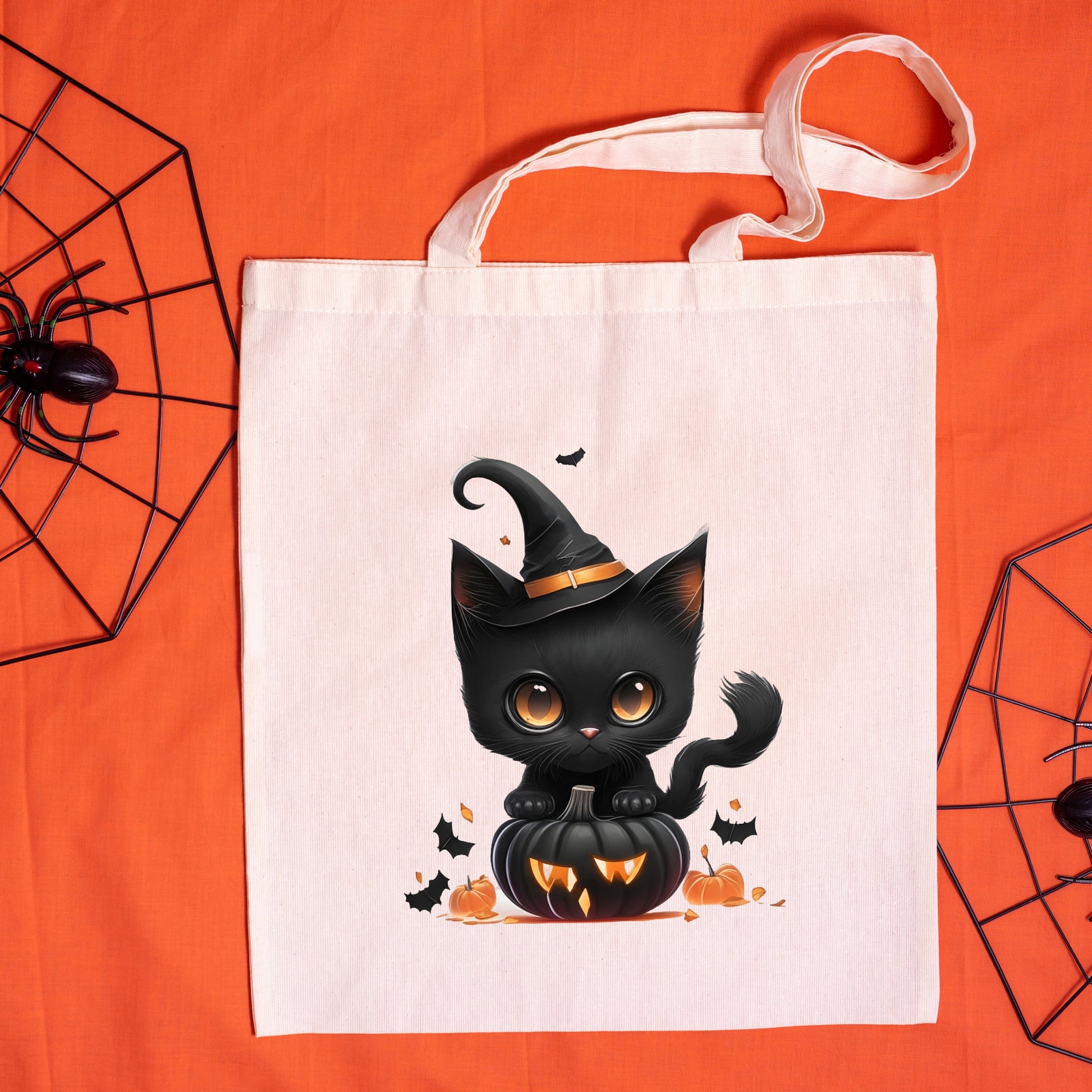 Trick or Treat Bag, Cute Black Cat Canvas Tote Bag, Halloween Candy bag, Halloween Treat Bag, Spooky Season Bag, Spooky Tote Bag, Gothic bag