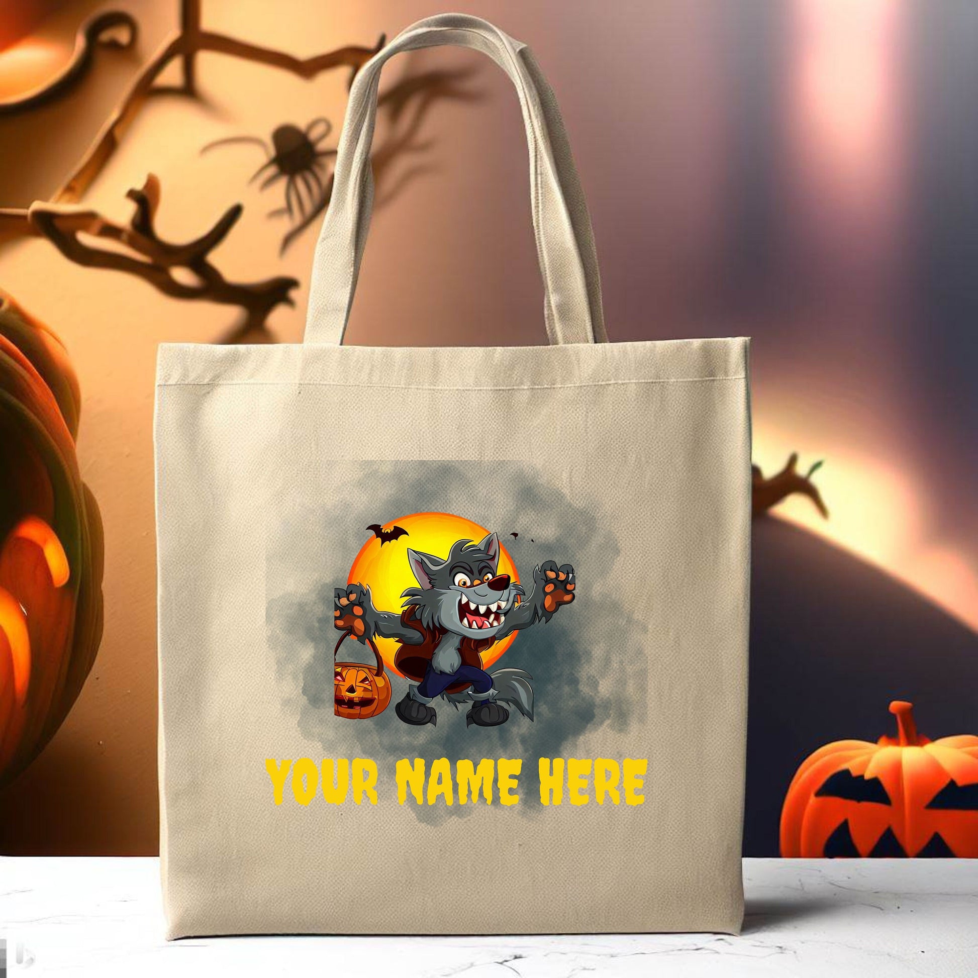 Custom Trick or Treat Bag, Personalized Werewolf Canvas Tote Bag, Halloween Candy bag, Halloween Treat Bag, Spooky Season Bag, Kid Candy Bag