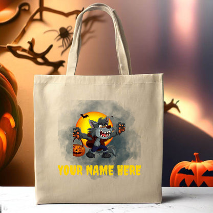 Custom Trick or Treat Bag, Personalized Werewolf Canvas Tote Bag, Halloween Candy bag, Halloween Treat Bag, Spooky Season Bag, Kid Candy Bag