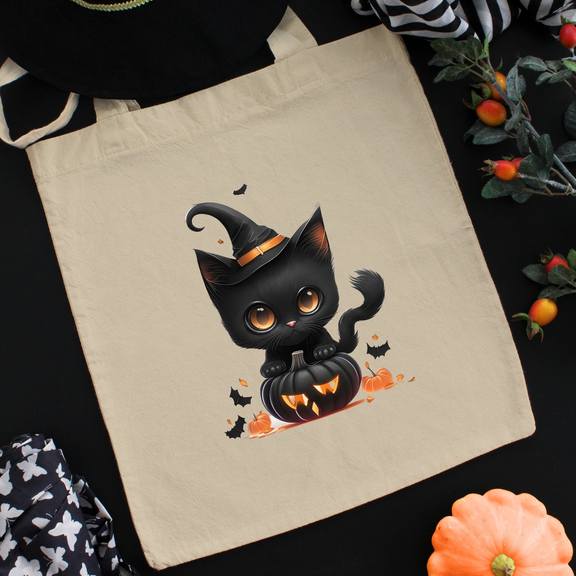 Trick or Treat Bag, Cute Black Cat Canvas Tote Bag, Halloween Candy bag, Halloween Treat Bag, Spooky Season Bag, Spooky Tote Bag, Gothic bag