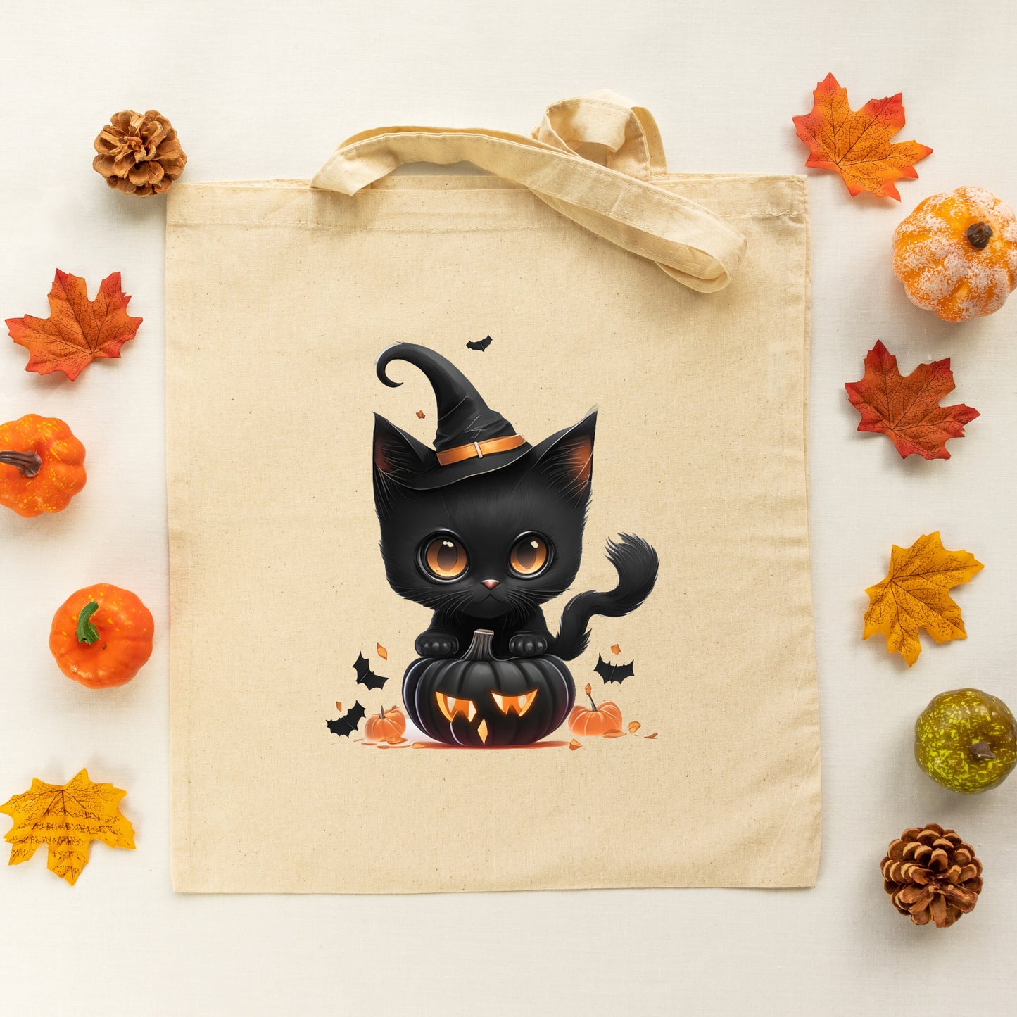 Trick or Treat Bag, Cute Black Cat Canvas Tote Bag, Halloween Candy bag, Halloween Treat Bag, Spooky Season Bag, Spooky Tote Bag, Gothic bag