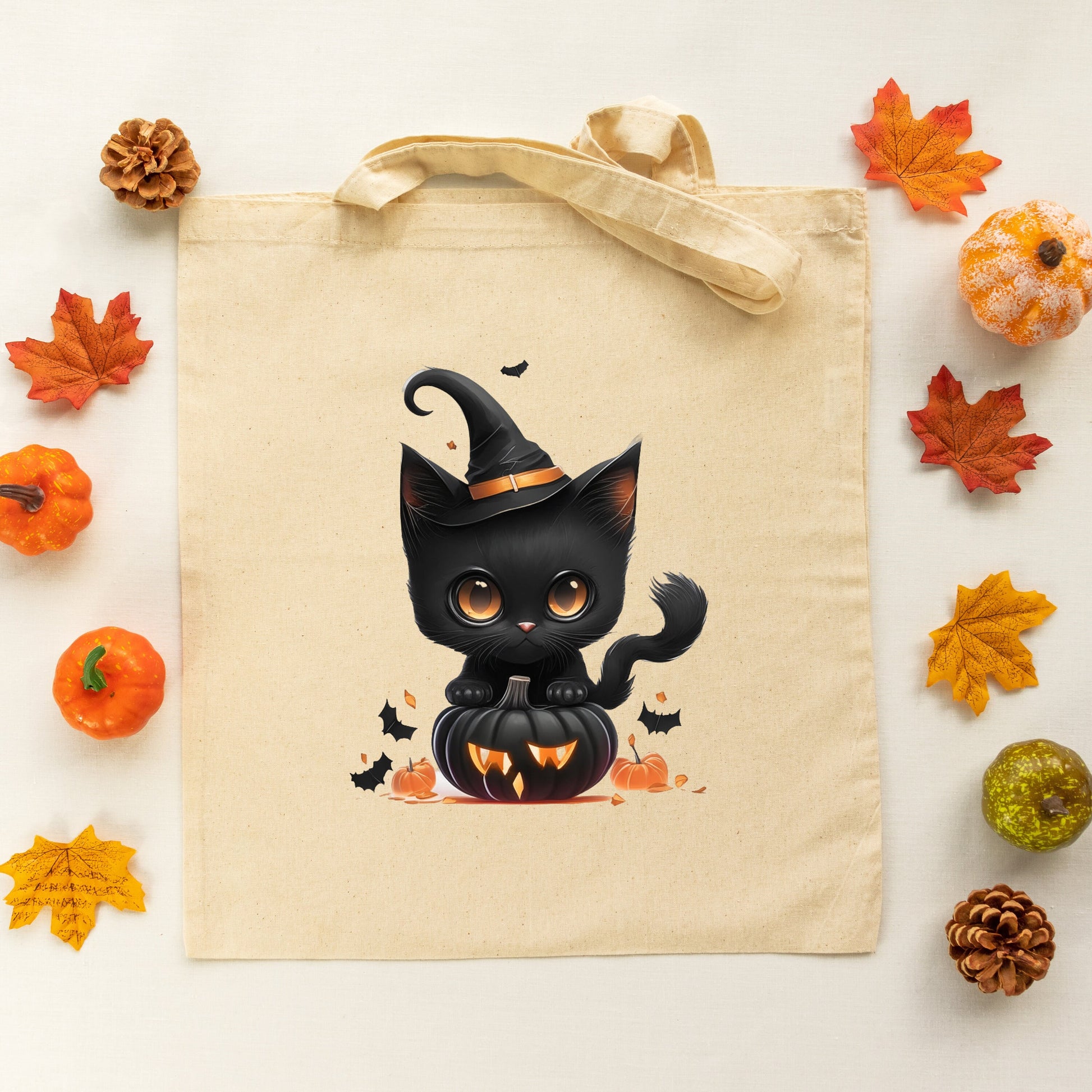 Trick or Treat Bag, Cute Black Cat Canvas Tote Bag, Halloween Candy bag, Halloween Treat Bag, Spooky Season Bag, Spooky Tote Bag, Gothic bag