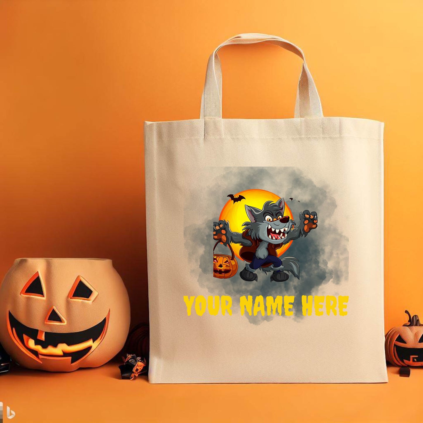 Custom Trick or Treat Bag, Personalized Werewolf Canvas Tote Bag, Halloween Candy bag, Halloween Treat Bag, Spooky Season Bag, Kid Candy Bag