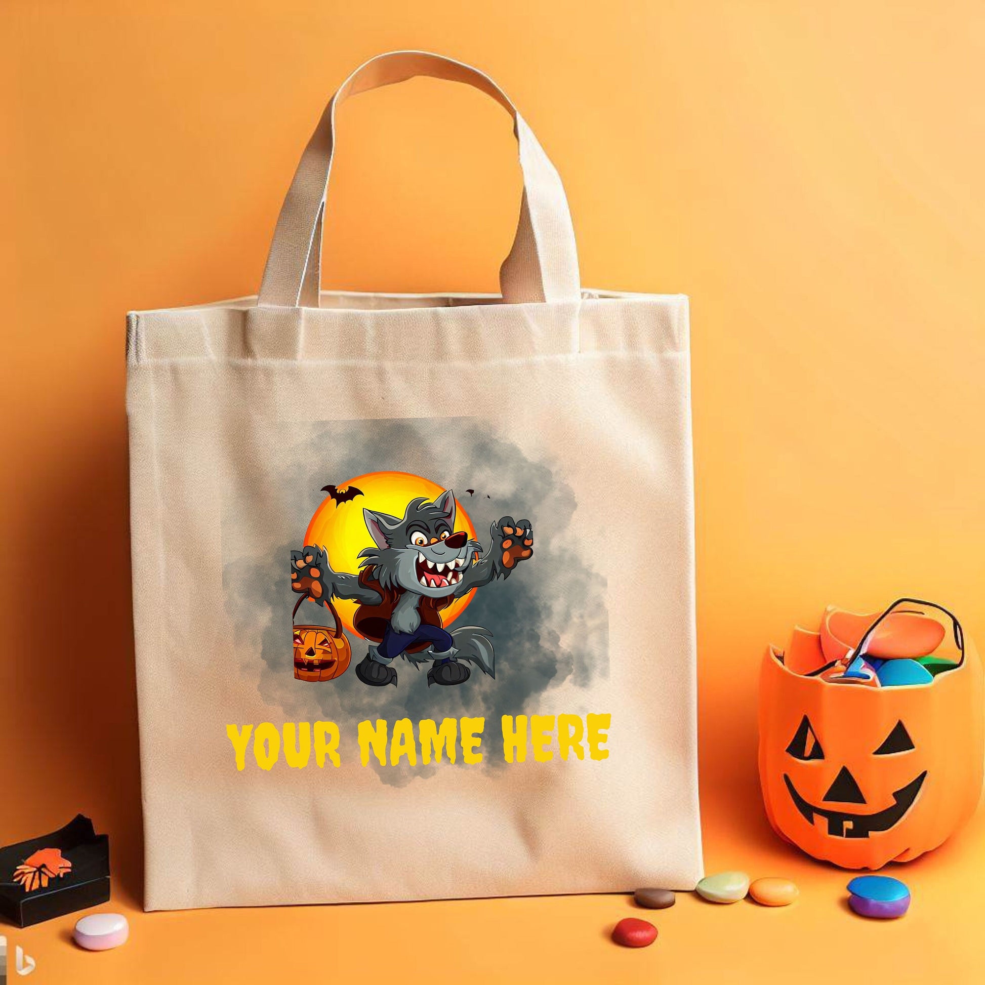 Custom Trick or Treat Bag, Personalized Werewolf Canvas Tote Bag, Halloween Candy bag, Halloween Treat Bag, Spooky Season Bag, Kid Candy Bag