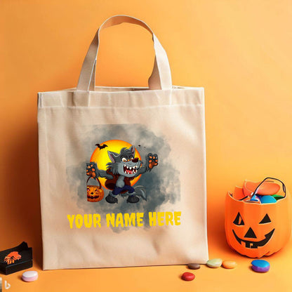Custom Trick or Treat Bag, Personalized Werewolf Canvas Tote Bag, Halloween Candy bag, Halloween Treat Bag, Spooky Season Bag, Kid Candy Bag
