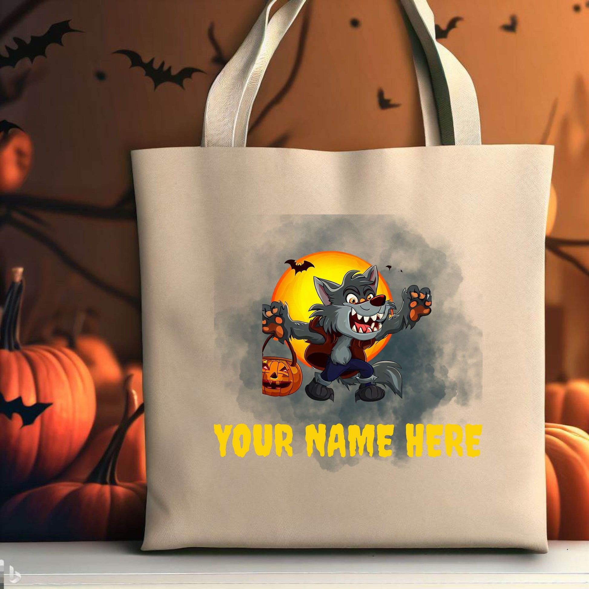 Custom Trick or Treat Bag, Personalized Werewolf Canvas Tote Bag, Halloween Candy bag, Halloween Treat Bag, Spooky Season Bag, Kid Candy Bag