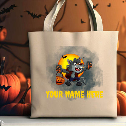 Custom Trick or Treat Bag, Personalized Werewolf Canvas Tote Bag, Halloween Candy bag, Halloween Treat Bag, Spooky Season Bag, Kid Candy Bag