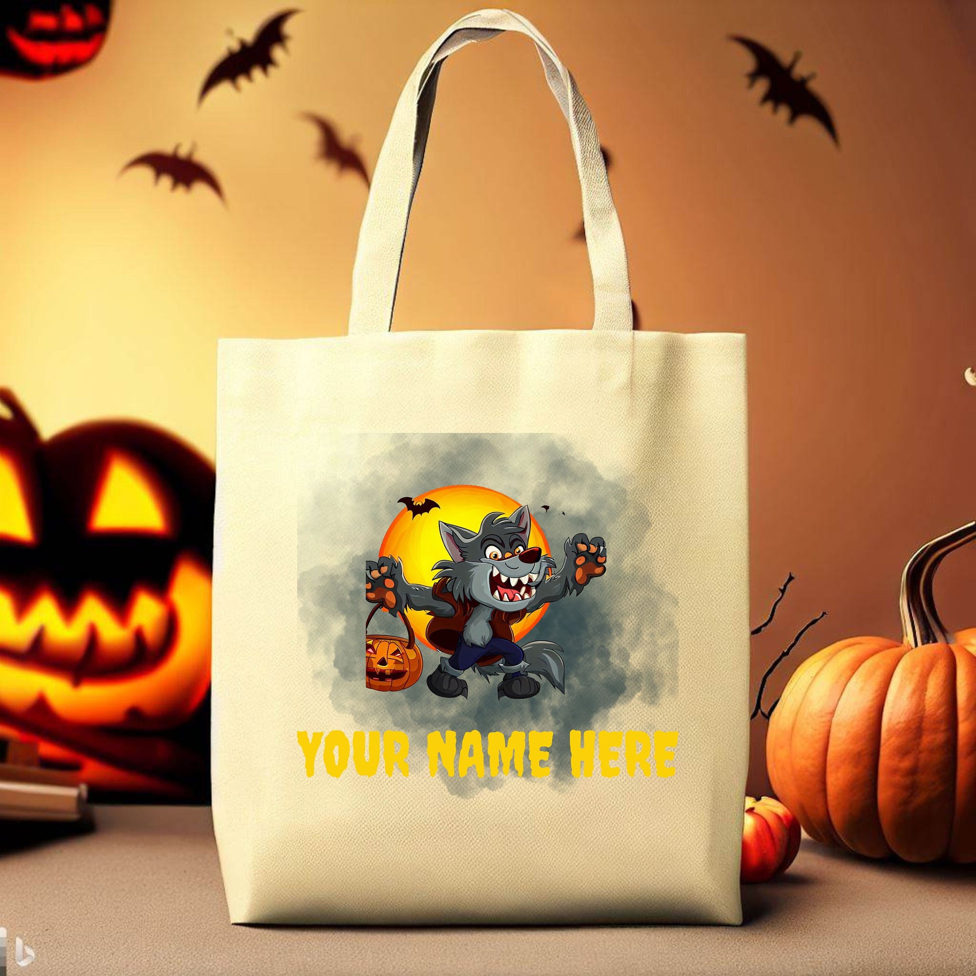 Custom Trick or Treat Bag, Personalized Werewolf Canvas Tote Bag, Halloween Candy bag, Halloween Treat Bag, Spooky Season Bag, Kid Candy Bag