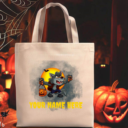Custom Trick or Treat Bag, Personalized Werewolf Canvas Tote Bag, Halloween Candy bag, Halloween Treat Bag, Spooky Season Bag, Kid Candy Bag