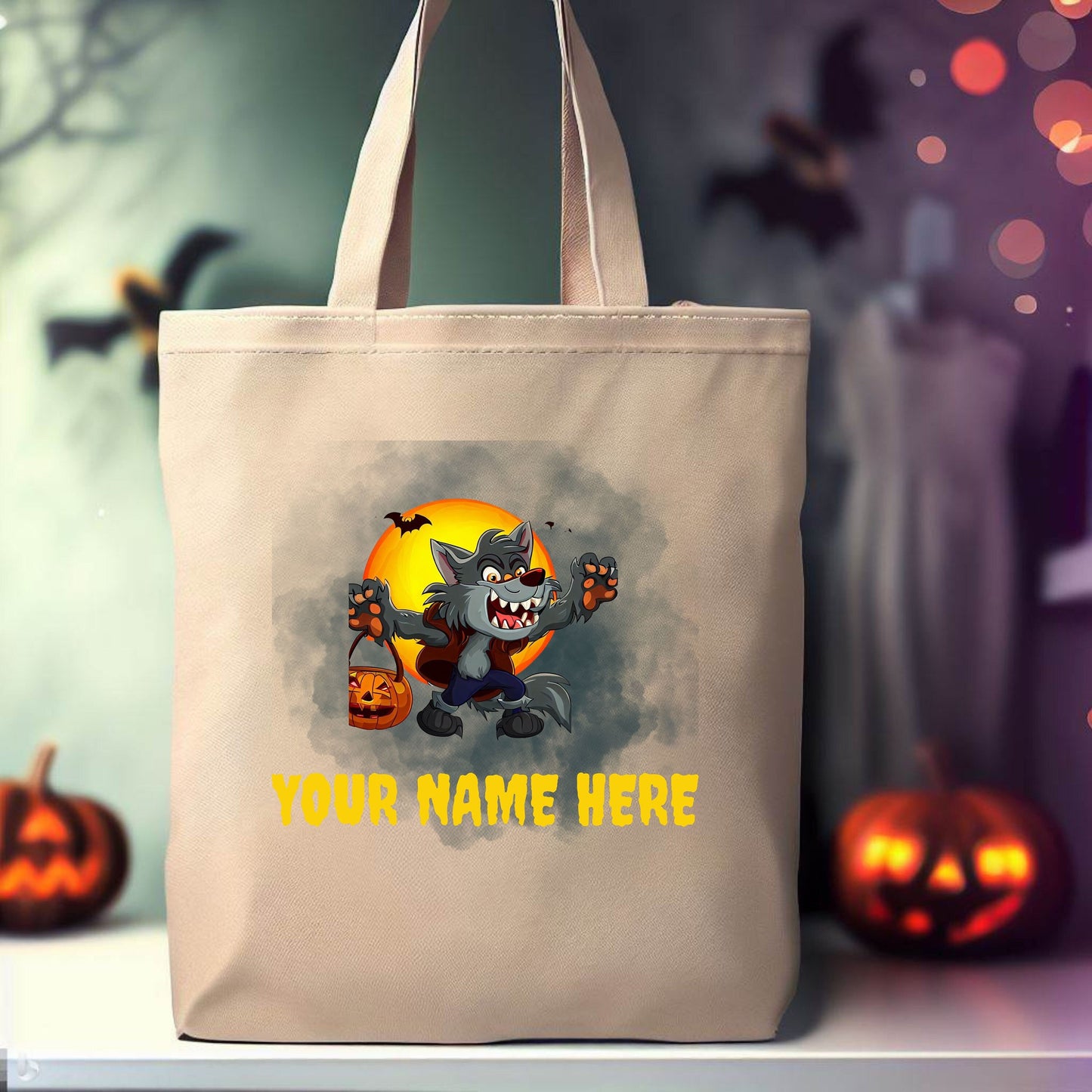 Custom Trick or Treat Bag, Personalized Werewolf Canvas Tote Bag, Halloween Candy bag, Halloween Treat Bag, Spooky Season Bag, Kid Candy Bag