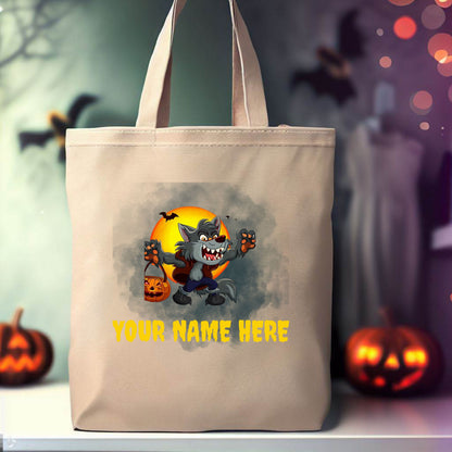 Custom Trick or Treat Bag, Personalized Werewolf Canvas Tote Bag, Halloween Candy bag, Halloween Treat Bag, Spooky Season Bag, Kid Candy Bag