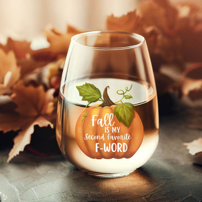 Cute Fall Wine Glass, Fall Is My Second Favorite F-Word, Funny Drink Glass, Autumn Drinking Glass, Pumpkin Wine Glass, New Home Gift for Her